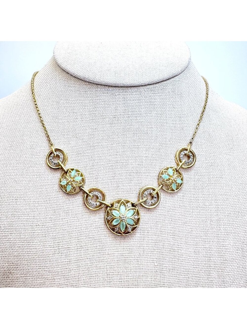Pale Green Emerald & CZ Sterling Silver 925 Flower Circle Link Necklace 17"L